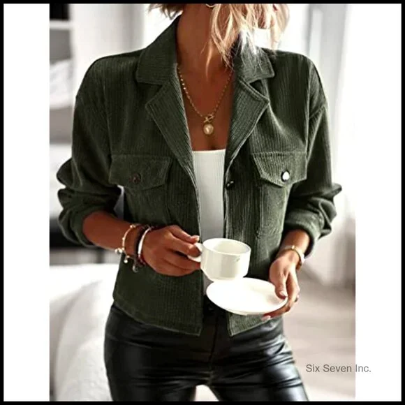 Corduroy Cropped Shacket Casual Button Down Relaxed Fit Y2K Trendy Blazer - Picture 2 of 5